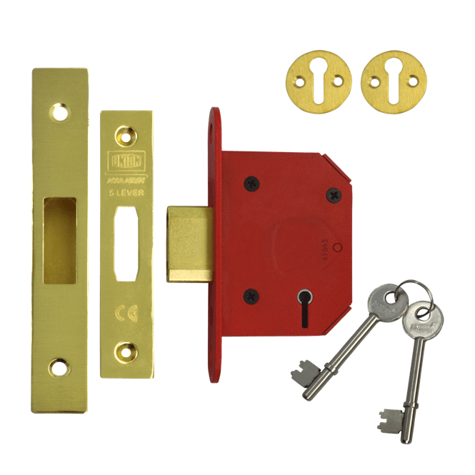 Polished Brass  64mm J2100S StrongBOLT British Standard 3621 2007 5 Lever Deadlock